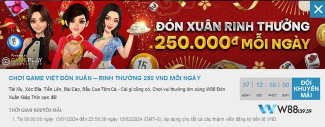 Săn Lộc Tết Với Khuyến Mãi W88: Chơi Game Việt Đón Xuân Thưởng 250 VND Mỗi Ngày 7 Bấm đổi khuyến mãi để xác nhận tham gia