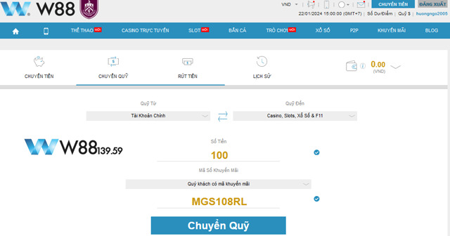 Khuyến Mãi 10% Thưởng Nạp Lại Hàng Ngày Tại Slot W88: Săn Thưởng Không Ngừng Nghỉ 7 Chuyển quỹ và nhập mã khuyến mãi slot game tương ứng