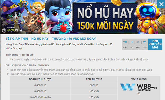 Xuân 2024 Giàu Sang Với Khuyến Mãi Tết Thưởng 150 Vnd Mỗi Ngày Tại Slot W88 7 Bấm đổi khuyến mãi