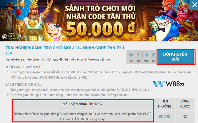 Nhận Code Tân Thủ 50k Tại Jili W88: Cơ Hội Vàng Cho Người Mới 6 Nhấp vào nút đổi khuyến mãi và đáp ứng điều kiện để nhận thưởng