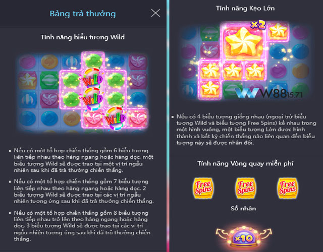 Bí Kíp Săn Thưởng Candy Bonanza: Đừng Bỏ Lỡ Cơ Hội Làm Giàu 6 Hình minh họa một số tính năng trong game Cơn Bão Kẹo Ngọt W88