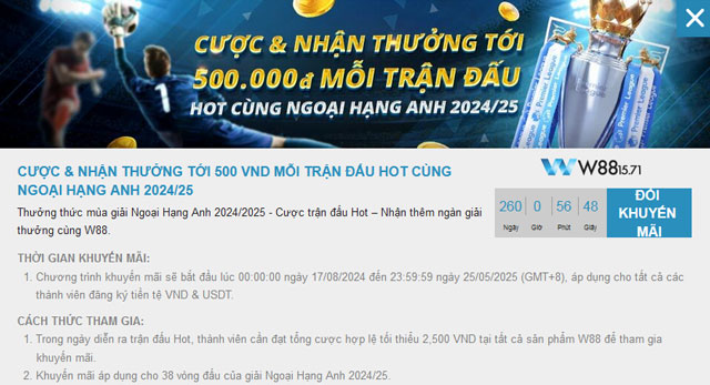 Hướng Dẫn Nhận Thưởng Tới 500 Vnd Cùng Ngoại Hạng Anh 2024/25 Tại W88 7 Nhấn vào ô đổi khuyến mãi W88