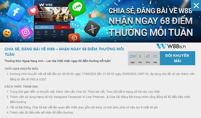 Hướng Dẫn Nhận Ngay 68 Điểm Thưởng Khi Đăng Bài Về W88 4 Những điều cần biết về chương trình Nhận Ngay 68 Điểm Thưởng Khi Đăng Bài Về W88