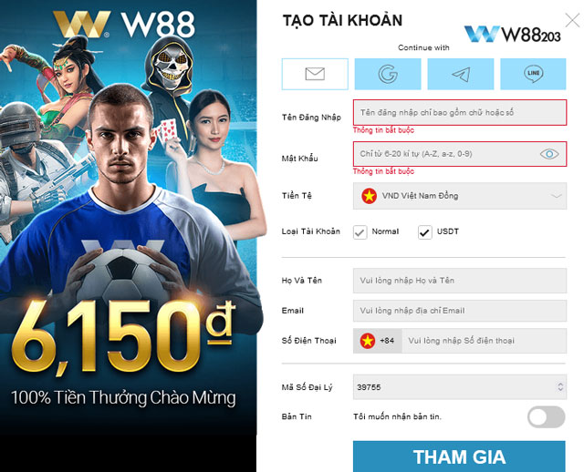 Biểu mẫu tạo tài khoản W88 từ máy tính