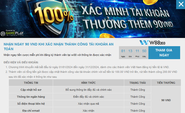 Điều kiện nhận 90k sau khi đăng ký W88