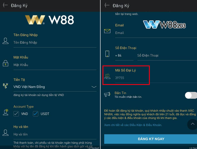 Giao diện đăng ký W88 trên điện thoại di động
